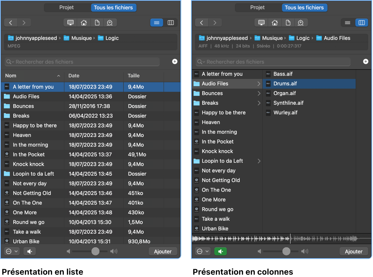 Figure. Présentation en liste et présentation en colonnes dans le navigateur Tous les fichiers.
