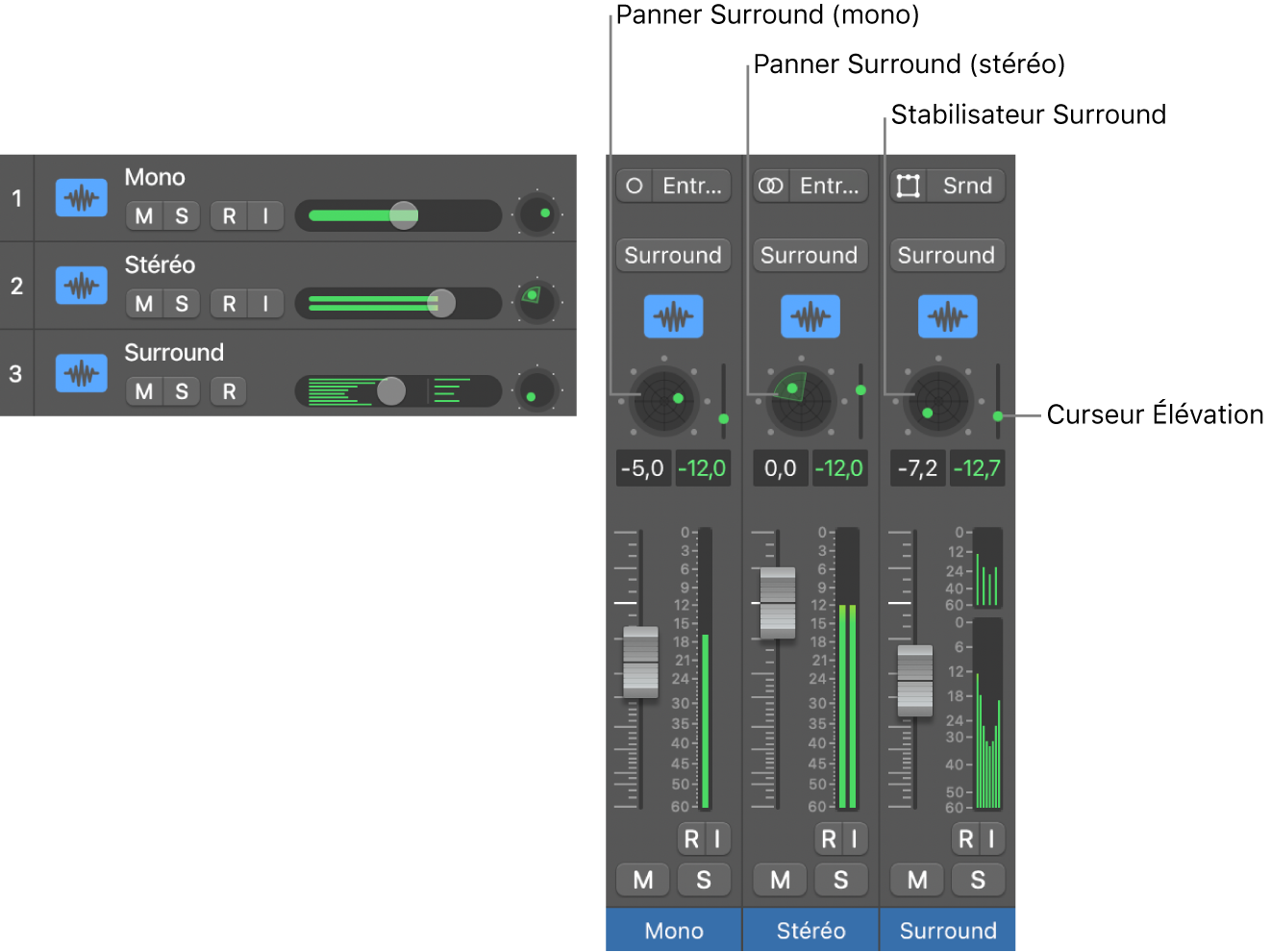 Figure. Trois types de commandes panoramiques Surround.