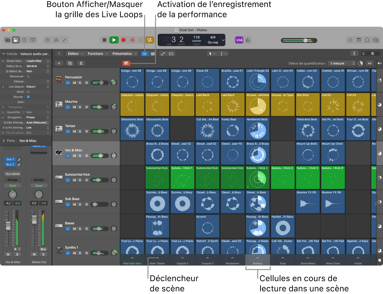 Figure. Grille des Live Loops avec des cellules en cours de lecture.