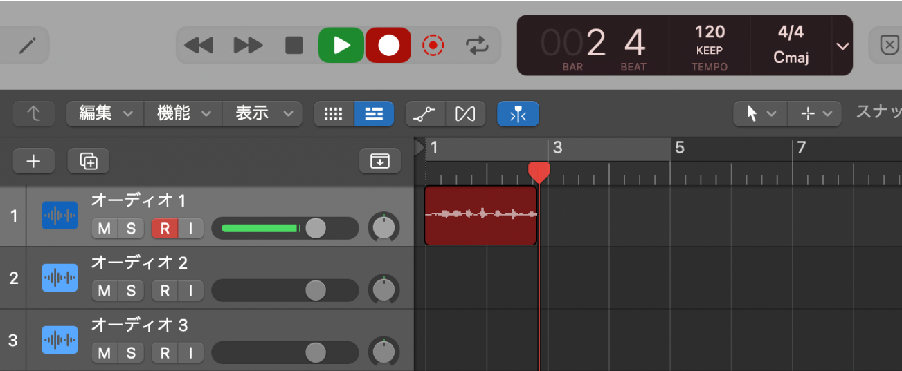 図。トラック領域の録音中のオーディオリージョン。