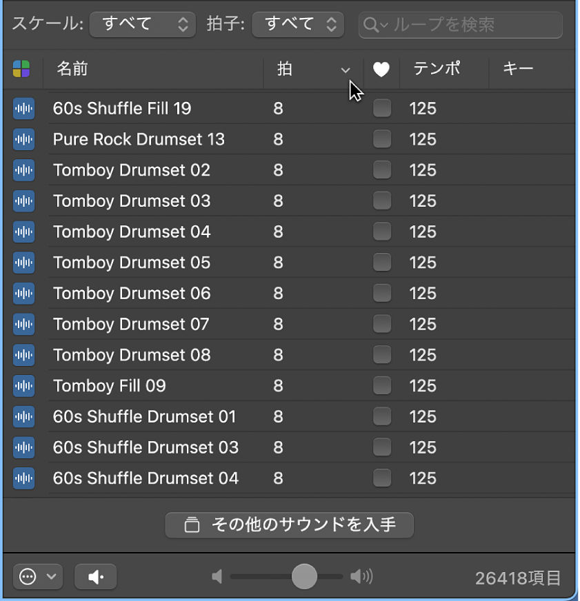 図。ループブラウザの列ヘッダ。