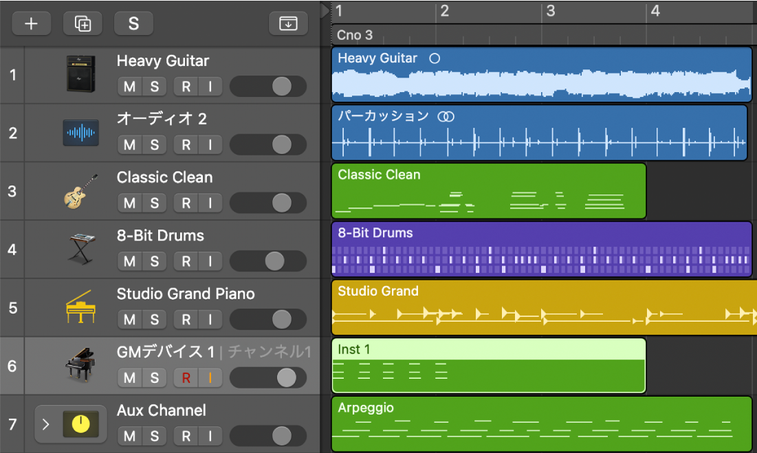 図。さまざまなリージョンとトラックのタイプが表示されたトラック領域。