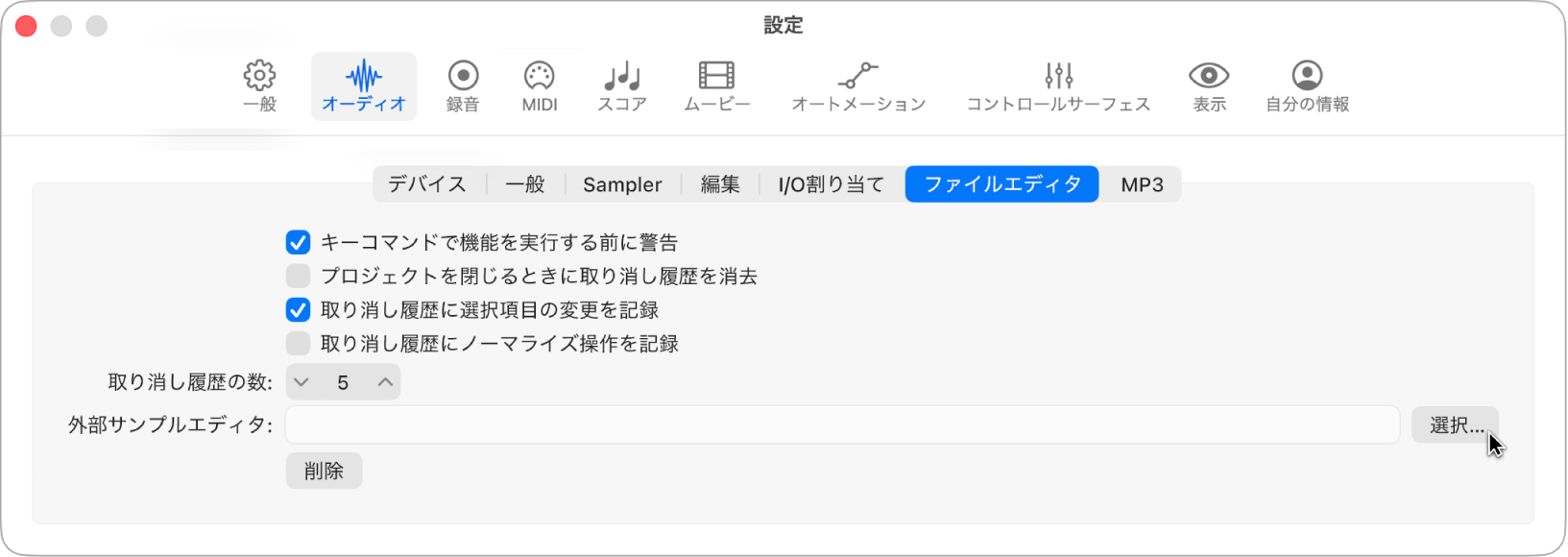 図。「オーディオ」設定の「ファイルエディタ」パネル。