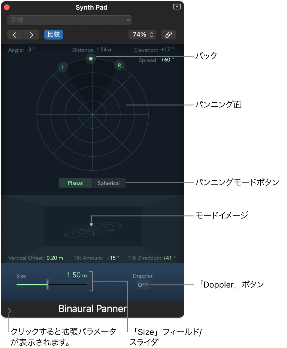 図。「Binaural Panner」ウインドウ。