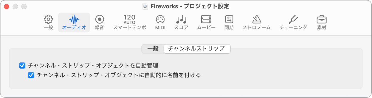 図。「チャンネルストリップ」プロジェクト設定。