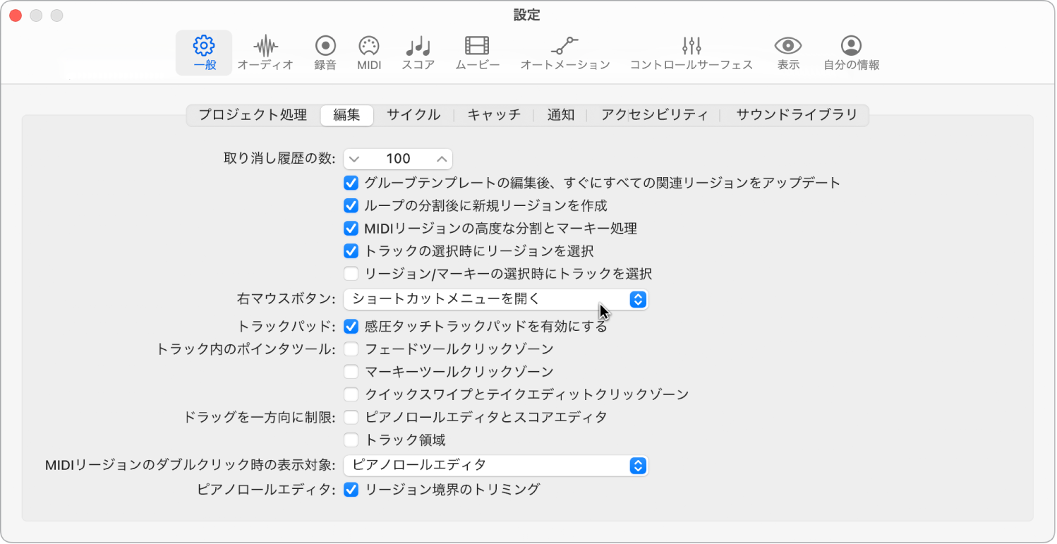 図。「一般」設定の「編集」パネルのポインタツールのチェックボックス。