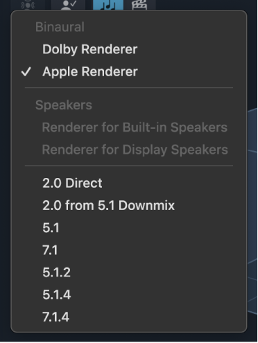 図。「Monitoring Format」ポップアップメニュー。モニタリングフォーマットとしてApple Rendererが選択されています。