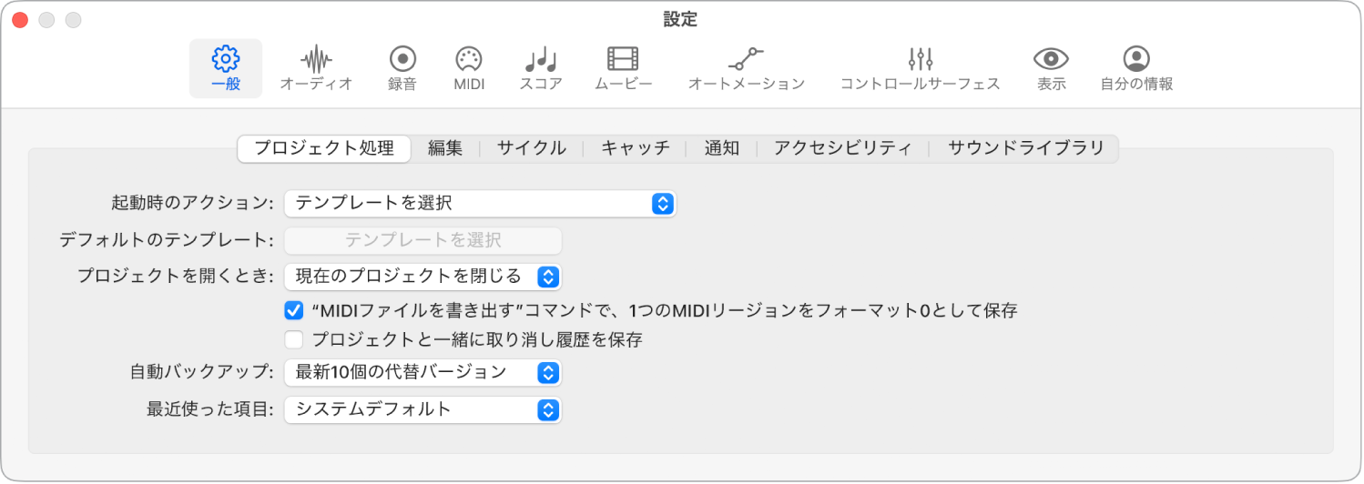 図。「一般」の「プロジェクト処理」設定。
