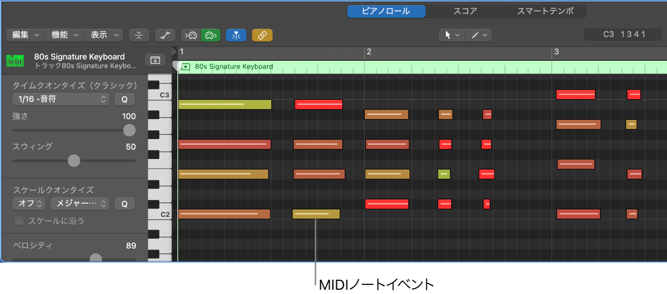 図。ピアノロールエディタ。MIDIノートイベントを指しています。
