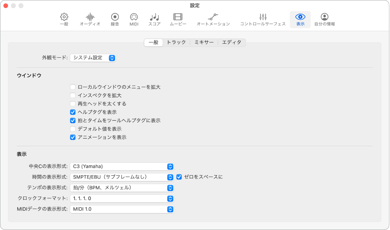 図。「表示」の「一般」設定。
