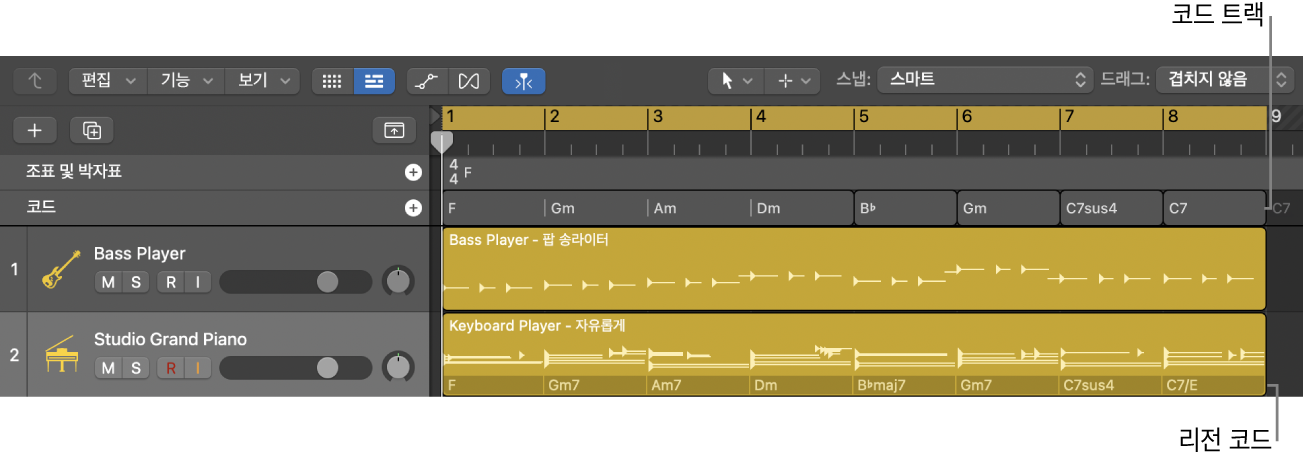 그림. 코드 트랙의 코드와 Session Player 리전의 리전 코드가 있는 프로젝트.