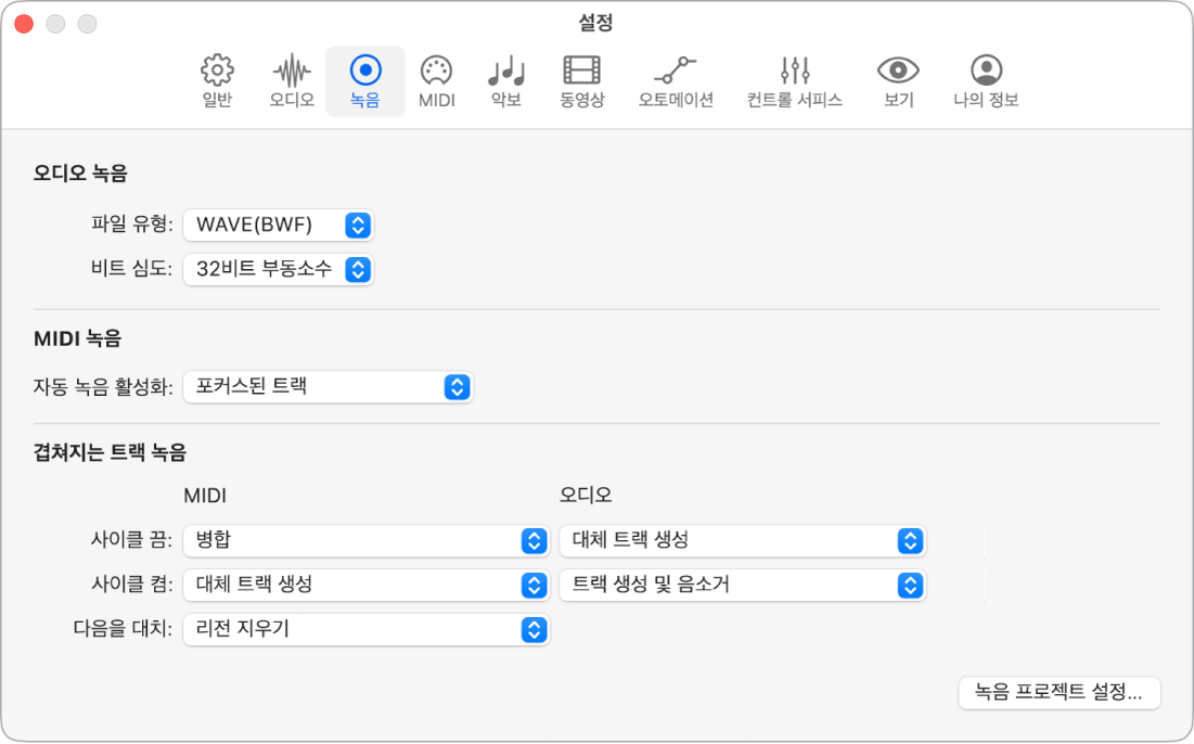 그림. 녹음 설정.