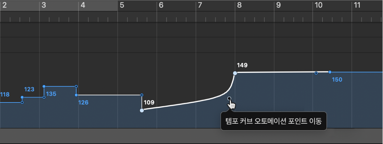 그림. 오른쪽 각 선분의 끝을 드래그하여 템포 커브를 생성함.