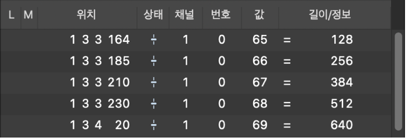 그림. 피치 벤드 이벤트를 표시하는 이벤트 목록.