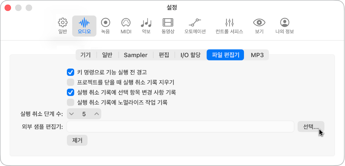 그림. 오디오 설정의 파일 편집기 패널.