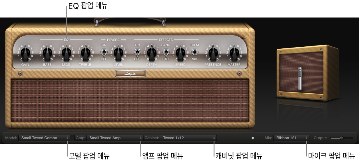 그림. 팝업 메뉴의 설명과 Amp Designer 윈도우.