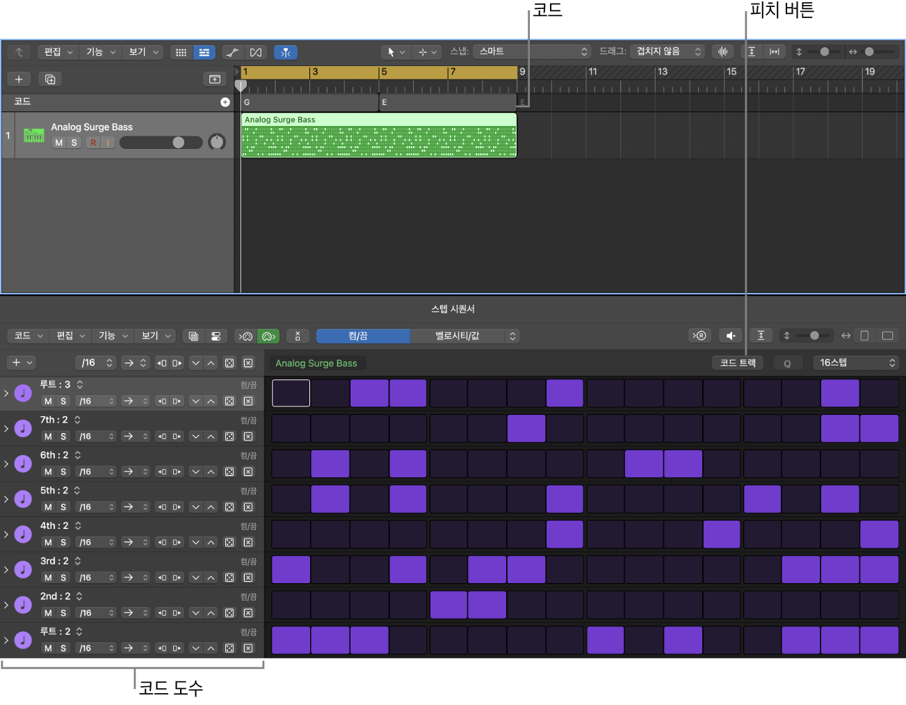 그림. 코드 도수가 표시된 행 헤더가 있는 스텝 시퀀서.