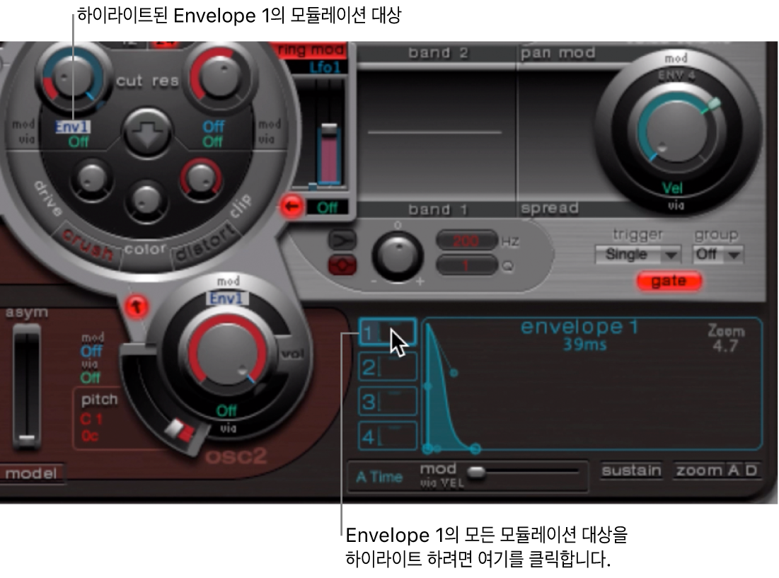 그림. 엔벨로프 디스플레이 및 모듈레이션 대상.