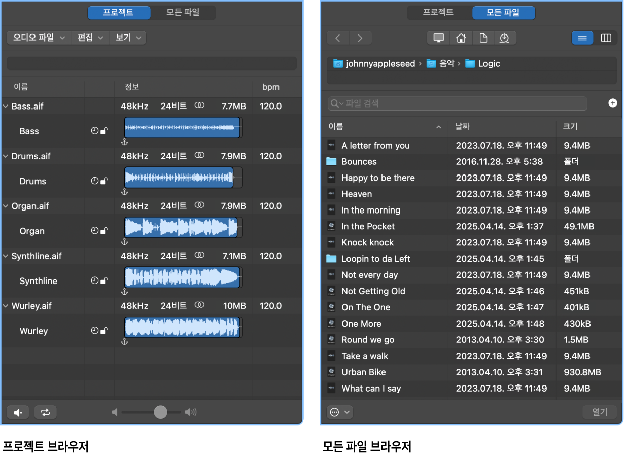그림. 프로젝트 오디오 브라우저 및 모든 파일 브라우저.