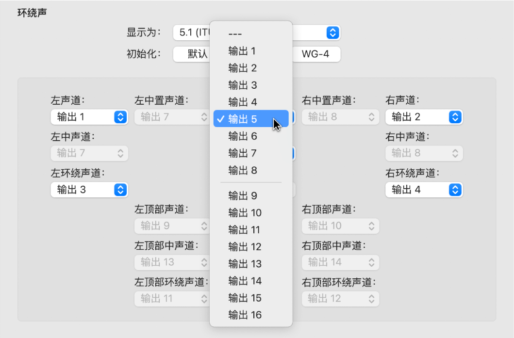 图。“环绕声”设置中的“输入”弹出式菜单。