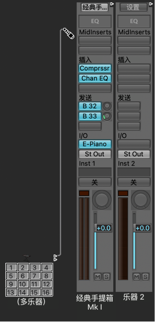 图。在“环境”窗口中将映射的乐器连线到软件乐器通道条。