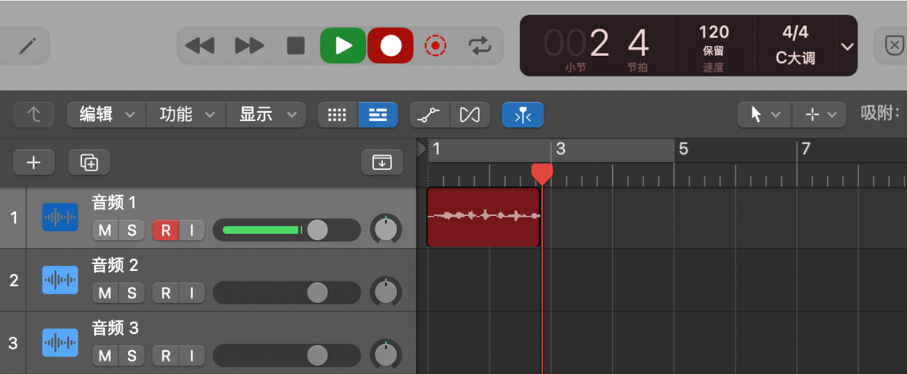 图。轨道区域中正在录制的音频片段。