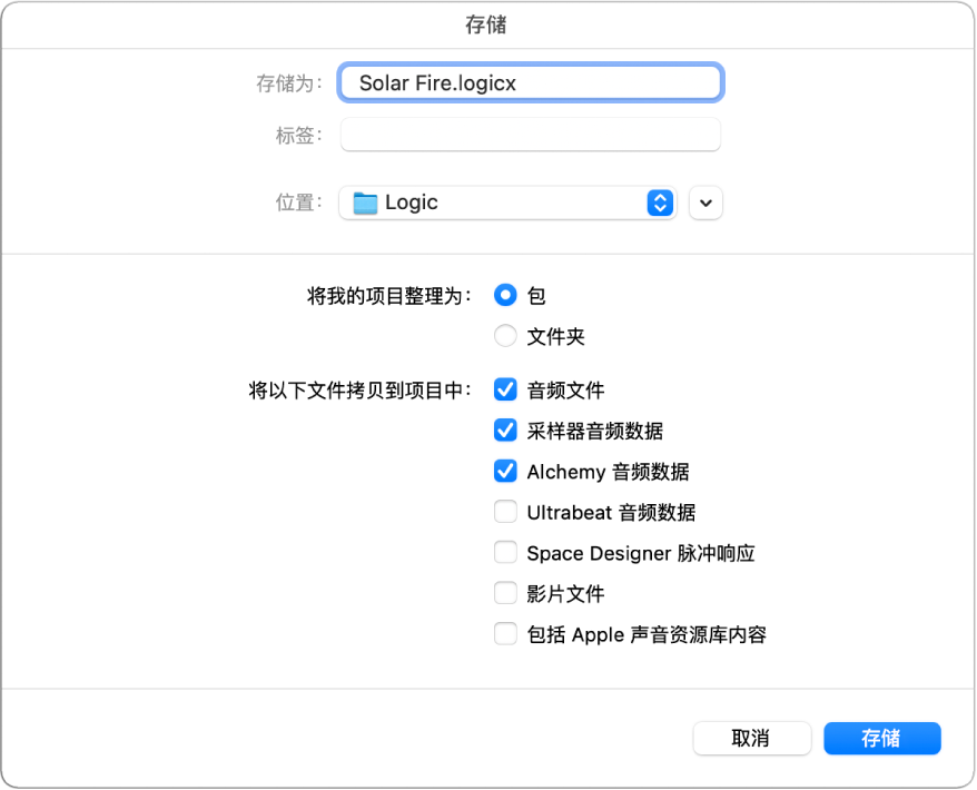 图。“保存为”对话框地步的复选框，用于选择要保存在项目中的各种资源。