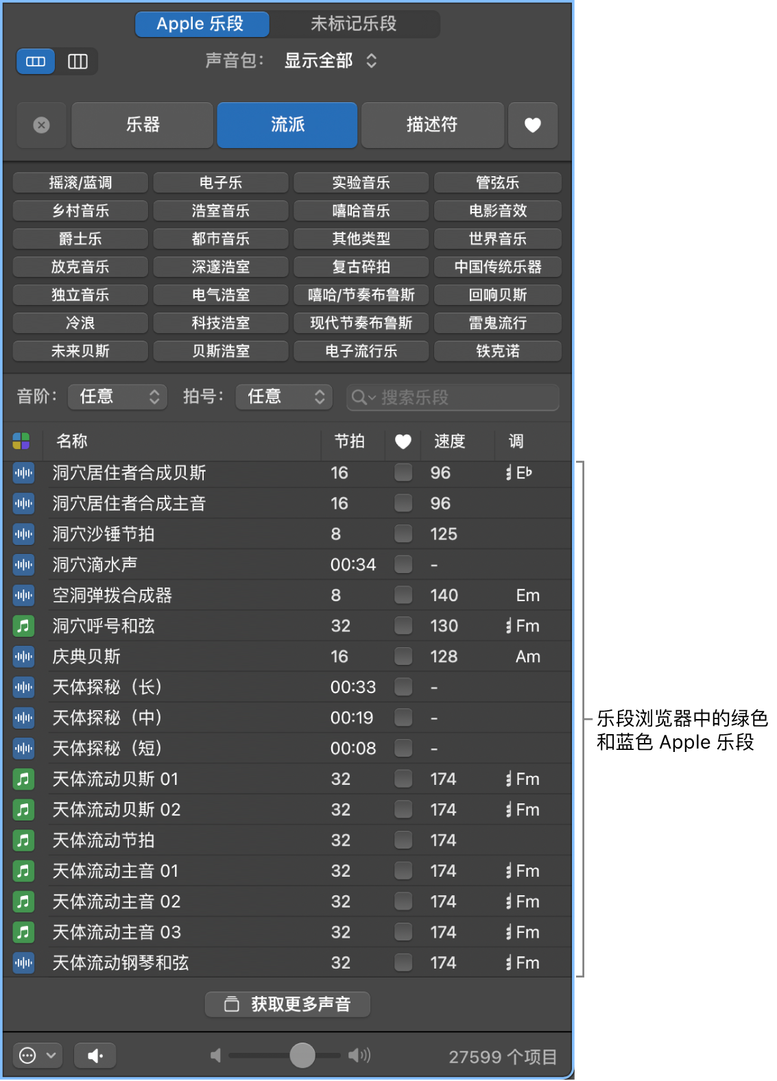 显示 MIDI(绿色)和音频(蓝色)Apple 乐段的乐段浏览器。
