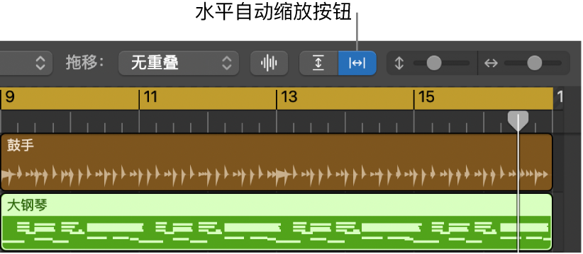 轨道区域菜单栏中的“波形缩放”、“垂直自动缩放”和“水平自动缩放”控制。