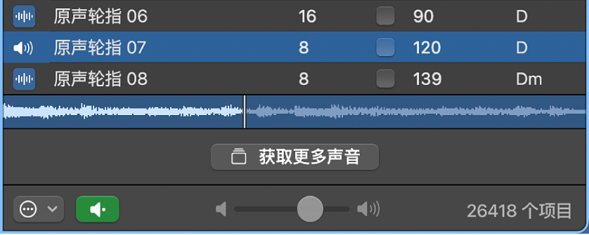 图。乐段浏览器中的“音量”滑块和“播放方式”弹出式菜单。