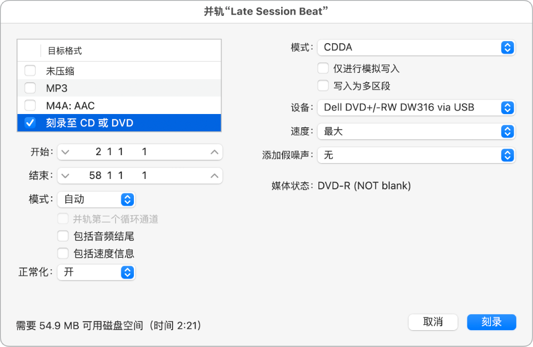 图。“并轨”对话框中的“刻录”选项。