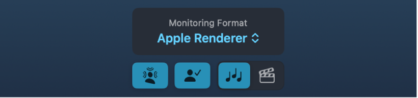 图。Spatial Audio Monitoring 窗口中的 Apple Renderer 已选中,显示四个 Apple Renderer 按钮。