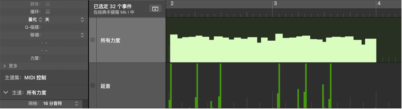 图。显示在“笔宽”弹出式菜单中选取的“音符长度”。