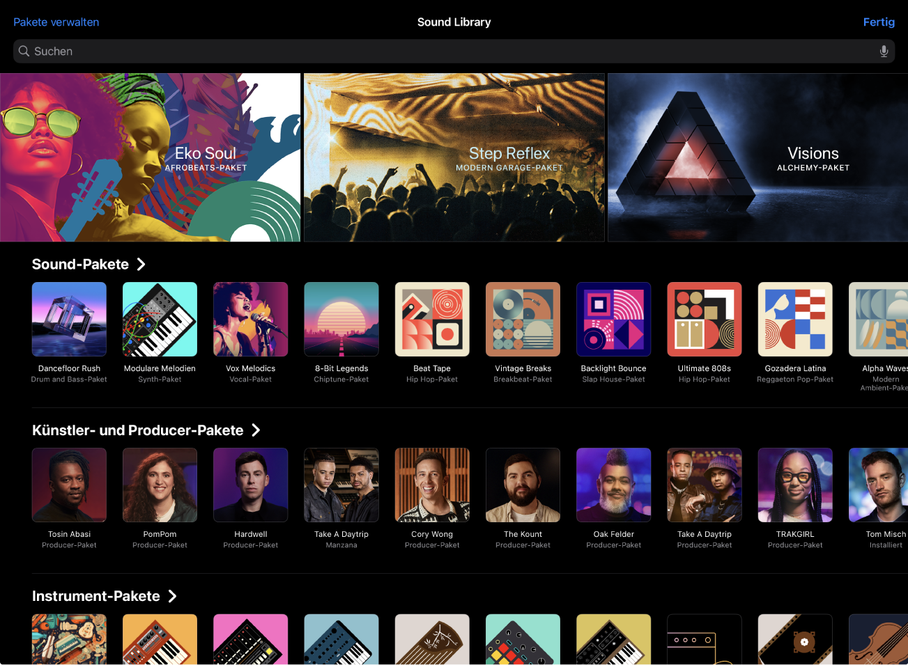 Abbildung. Die Sound Library in Logic Pro für iPad.