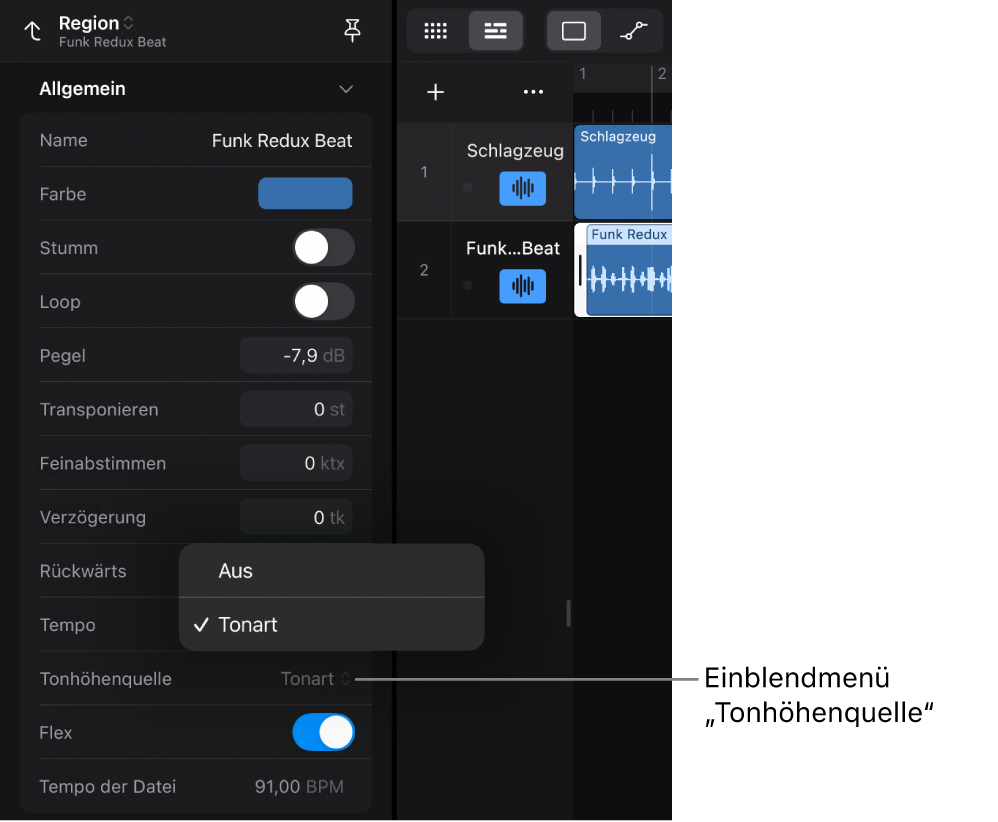 Abbildung. Das Informationsfenster „Region“ zeigt das Einblendmenü „Tonhöhenquelle“ für Audio-Apple Loops.