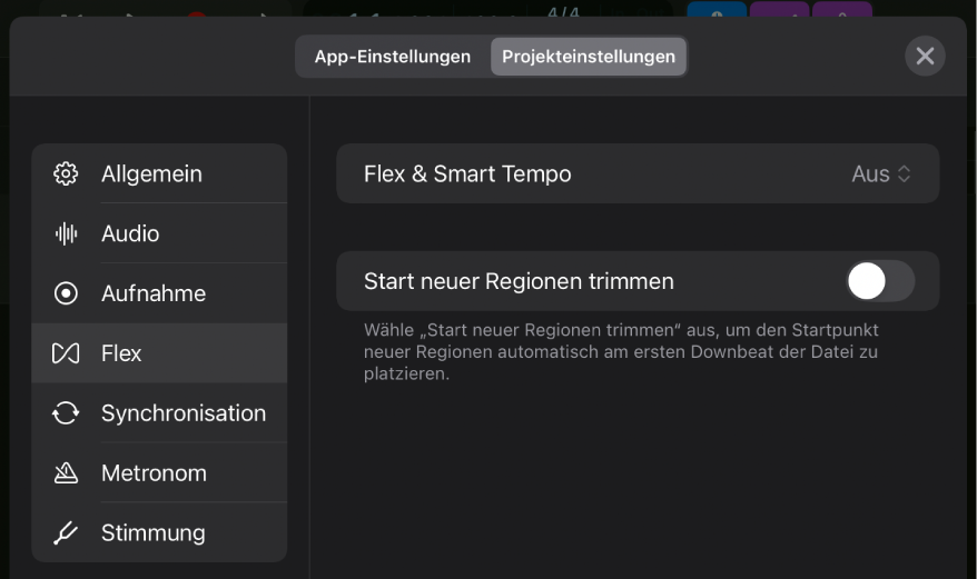 Projekteinstellungen „Flex“.