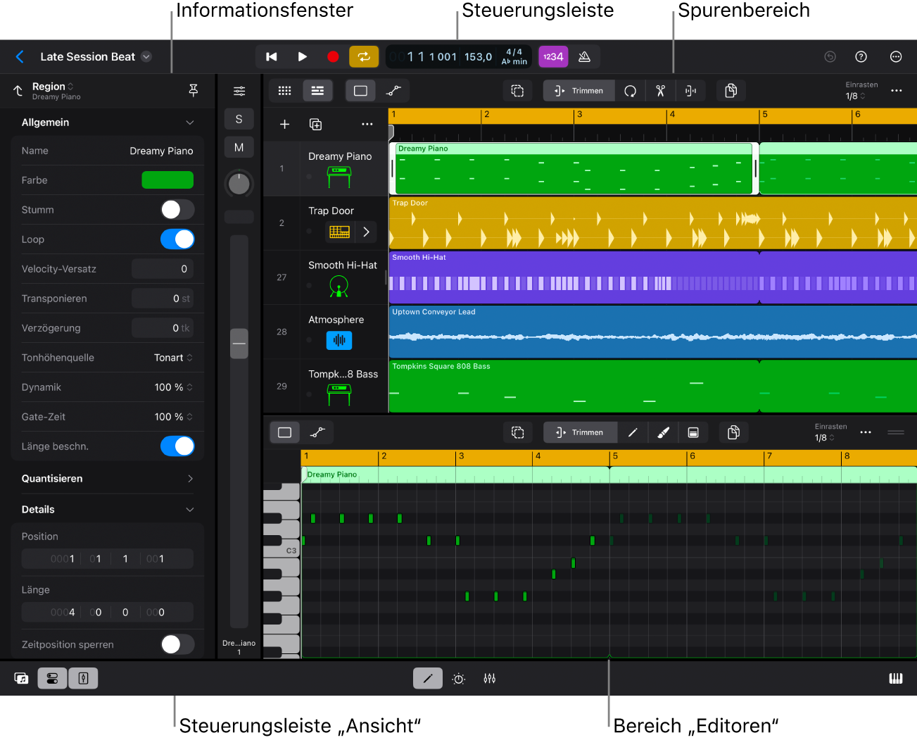 Abbildung. Logic Pro-Oberfläche mit dem Bereich „Spuren“, einem Informationsfenster und dem Pianorolleneditor.