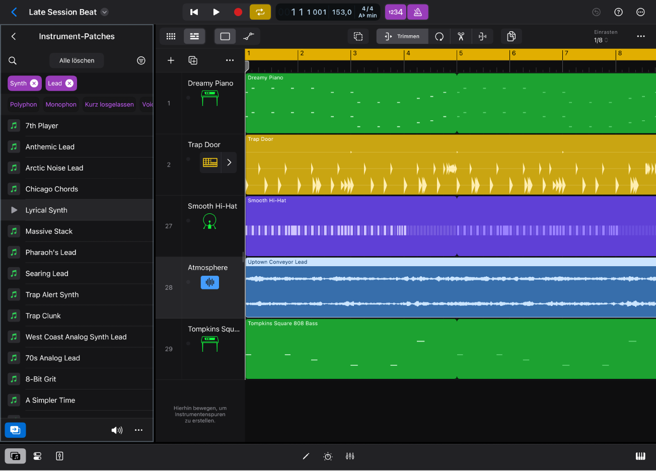 Abbildung. Logic Pro für iPad mit der Ansicht „Instrument-Patches“ im Browser.