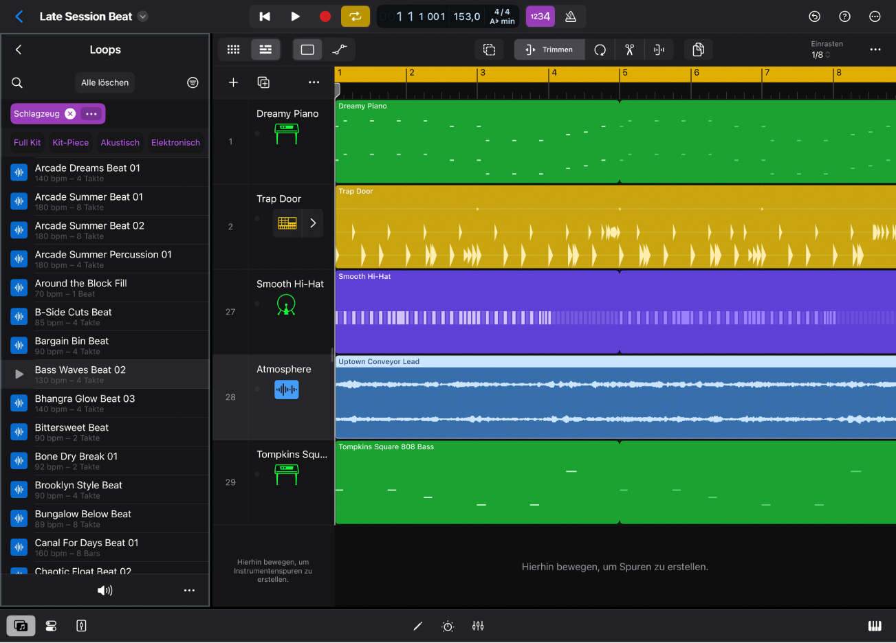 Abbildung. Logic Pro für iPad mit der Ansicht „Loops“ im Browser.