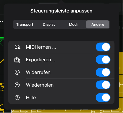 Abbildung. Der Dialog „Steuerungsleiste anpassen“ mit den Schaltern in der Kategorie „Andere“.