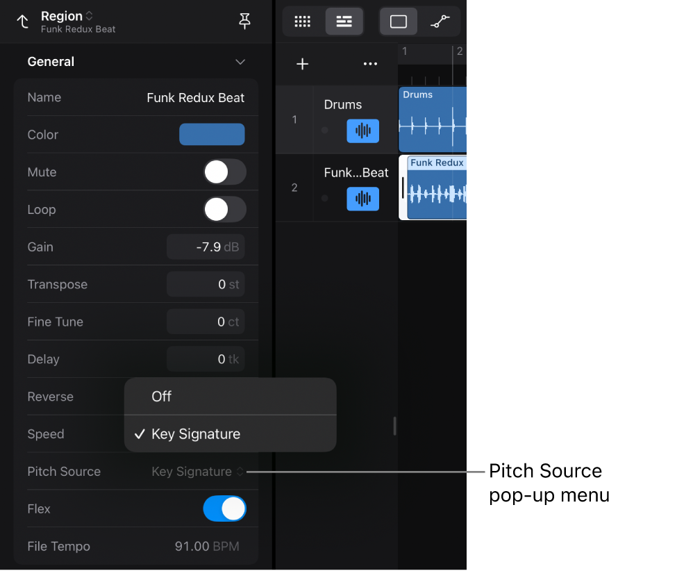 Figure. Region inspector showing the Pitch Source pop-up menu for audio Apple Loops.