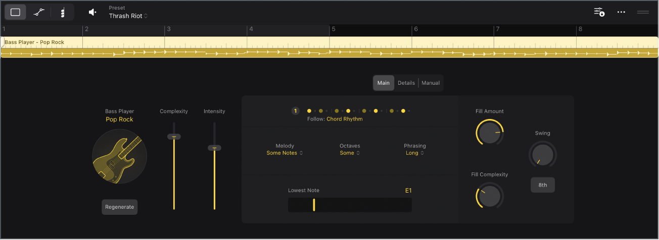 Figure. Session Player Editor showing menu bar controls, Genre button, slider controls.