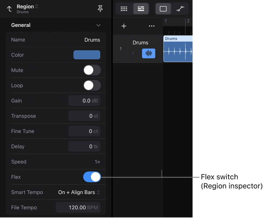 Figure. Region inspector showing the Flex switch for audio Apple Loops.