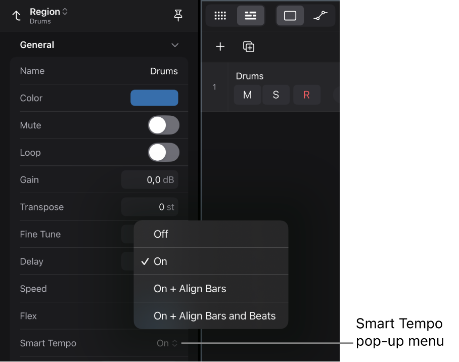 Figure. Region inspector showing the Smart Tempo pop-up menu.