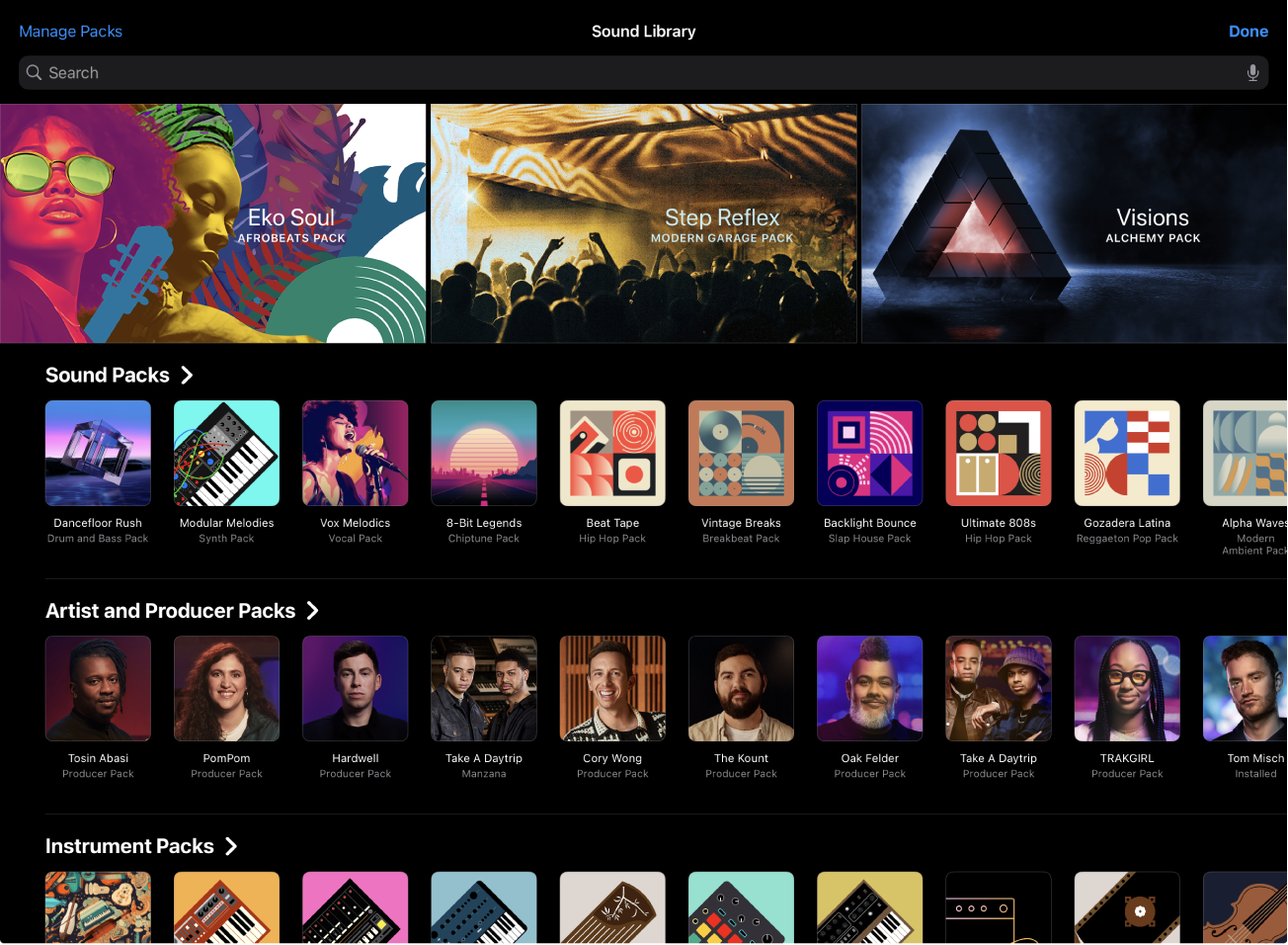 Figure. The Sound Library in Logic Pro for iPad.