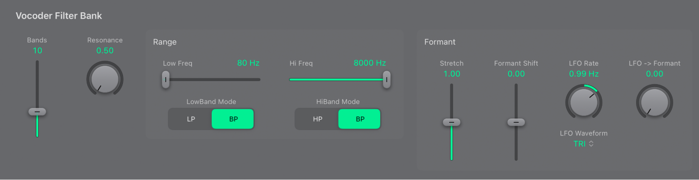 Figure. EVOC 20 PS Vocoder Filter Bank parameters.