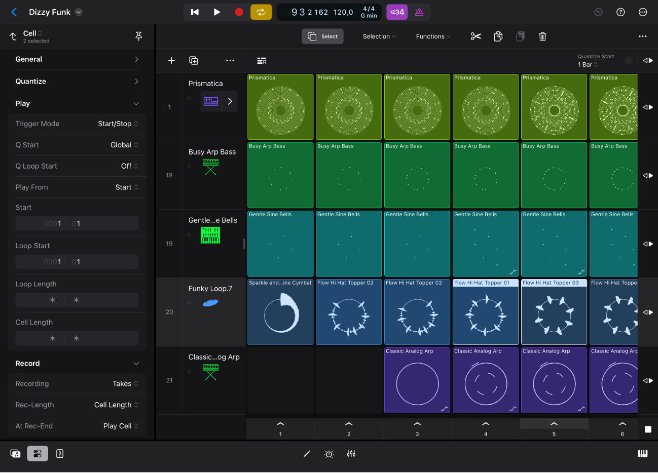 Figure. Cell Edit mode in Live Loops with the Cell inspector open.