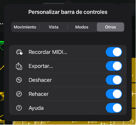 Ilustración. El cuadro de diálogo “Personalizar barra de controles”, con los conmutadores de la categoría Otros.