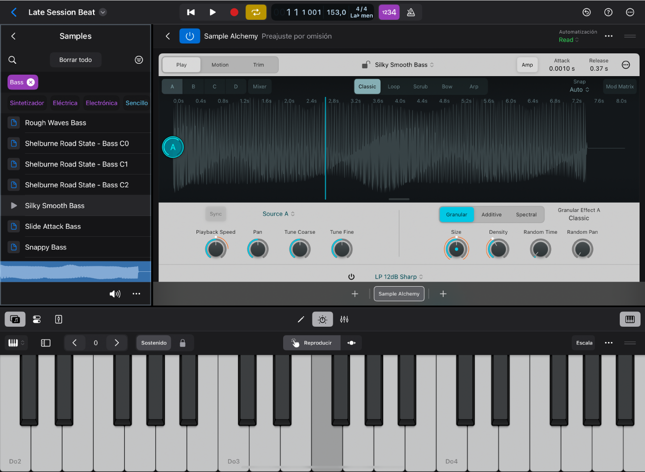 Ilustración. Logic Pro para iPad con la vista Samples en el explorador.