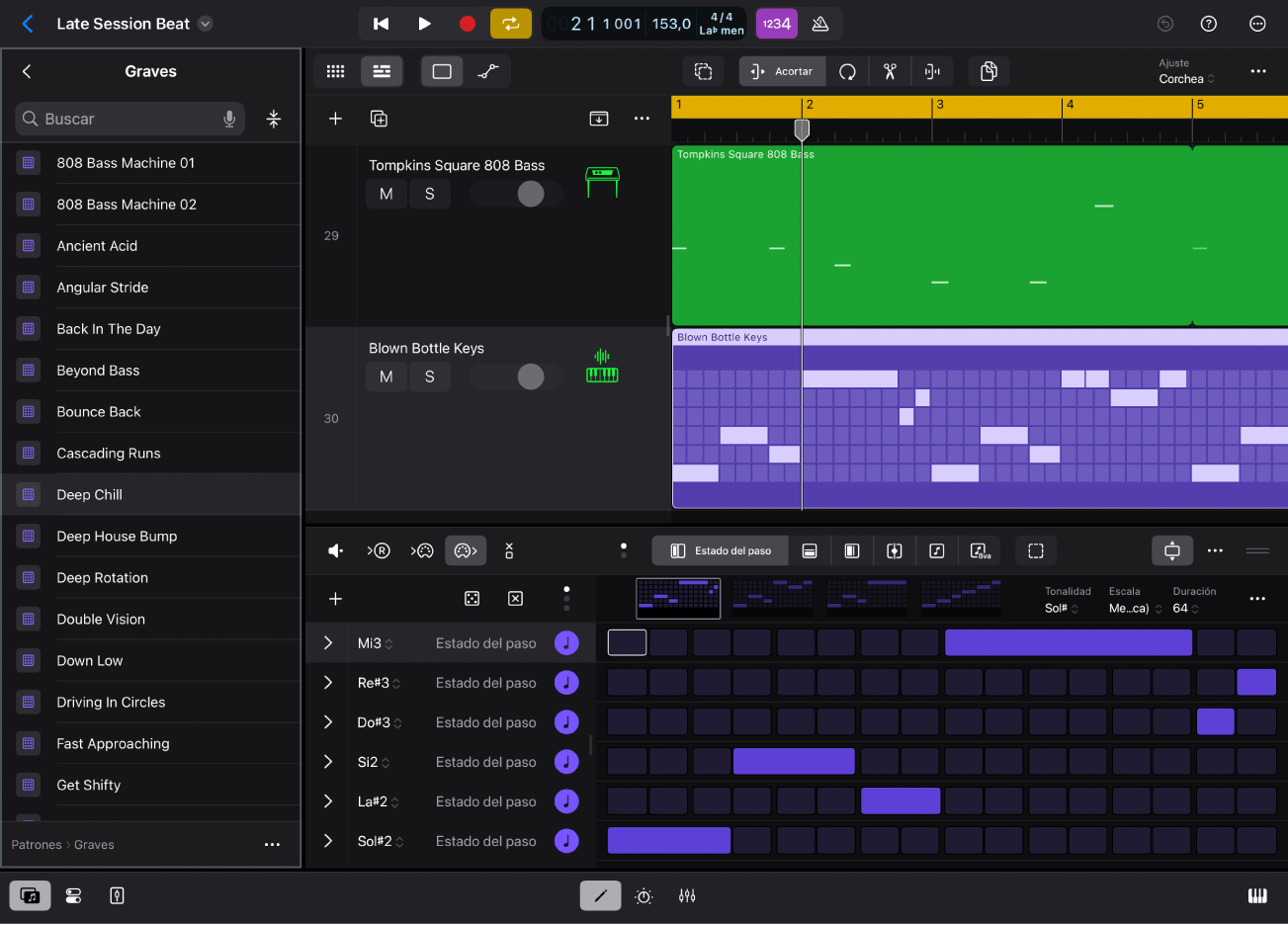 Ilustración. Logic Pro para iPad con la vista Patrones en el explorador.